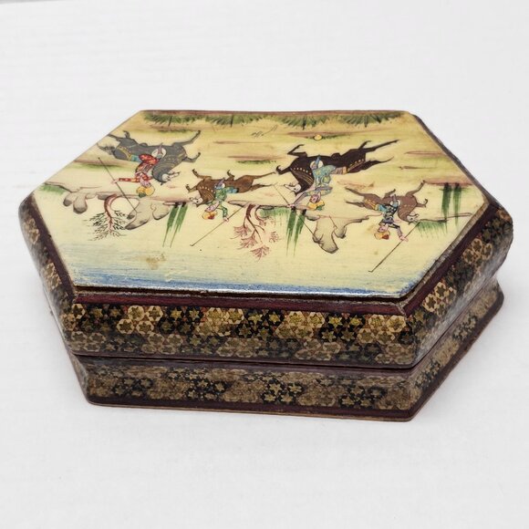 Vintage Persian Khatam Jewelry Trinket Storage Box Scene Battle Painting Warrior - Picture 3 of 16